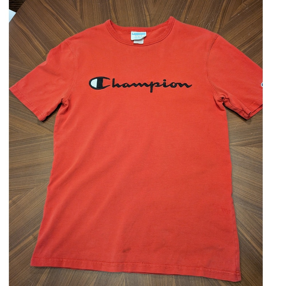 Champion T-Shirt Mens Medium Orange Red Good Embroidered Script Logo Tee